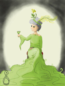 A woman sits on a chair. She wears a long flowing dress and holds a glass of chartreuse. She has jewels on her head and around her neck. There is a flower and a feather in her hair.