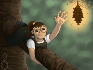 A girl clings to a branch, reaching for the perfect cone.