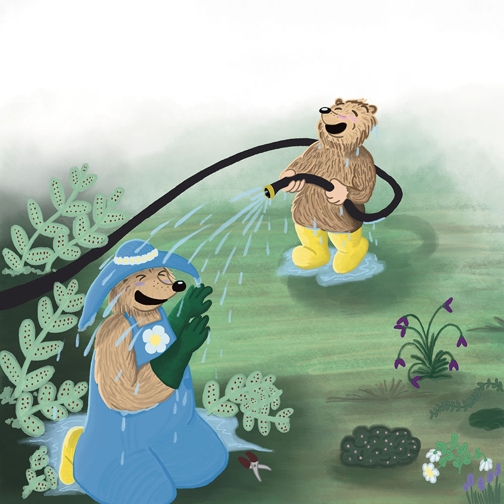 An anthropomorphic hedgehog sprays his mother with a hose. They are in a garden with lots of flowers.