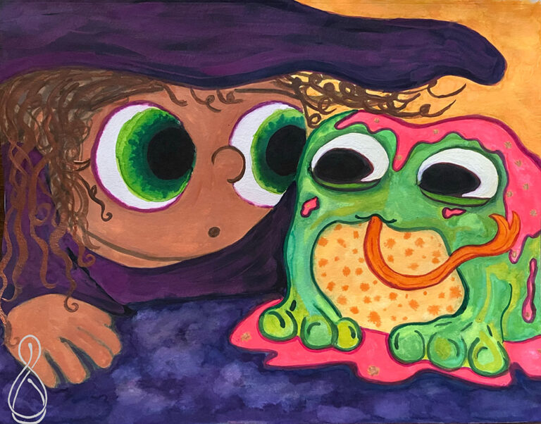 A witch dressed in a hat and dress looks at her pet frog, which has a potion spilled all over him.