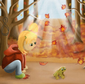 A little girl frog hops down the path after the toad she spotted in the previous piece. There are maple leaves falling and maple trees around.