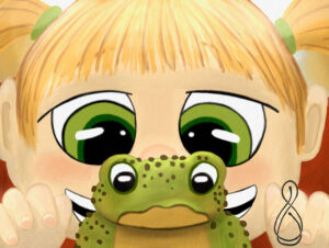 A little girl sneaks up behind the toad with her hands up and ready to catch him. She has a very large grin on her face.