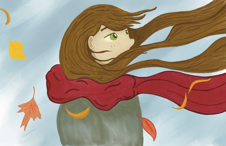 A young woman looks up at the sky. Her hair whips around her in the wind, and fallen leaves swirl around her in the wind.