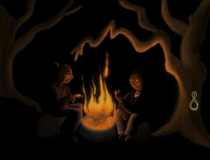 A young woman and a young man sit before a fire. He holds a sampling of treasure in his hand. She has a pocket watch in her hand. The pocket watch symbolizes the years of her life. Is she willing to trade away her life for wealth and glory? The fire glow illuminates their faces and the trees around them.