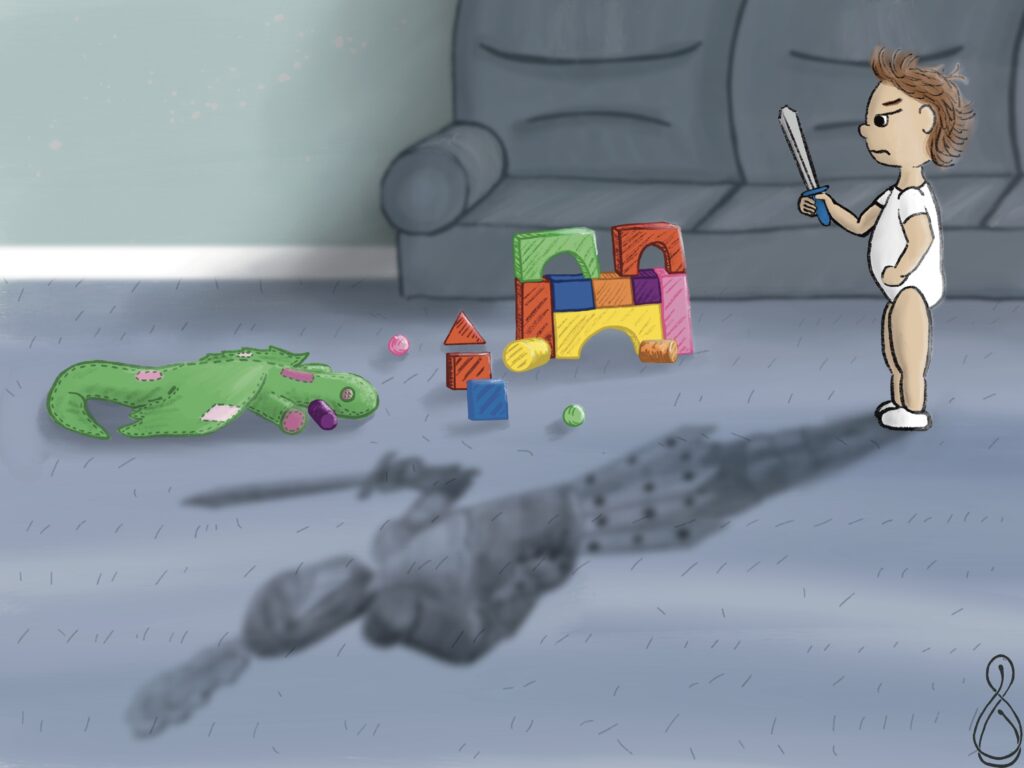 A child holds a toy sword and looks at a toy dragon. He imagines himself as a knight, and his shadow on the floor is a knight.